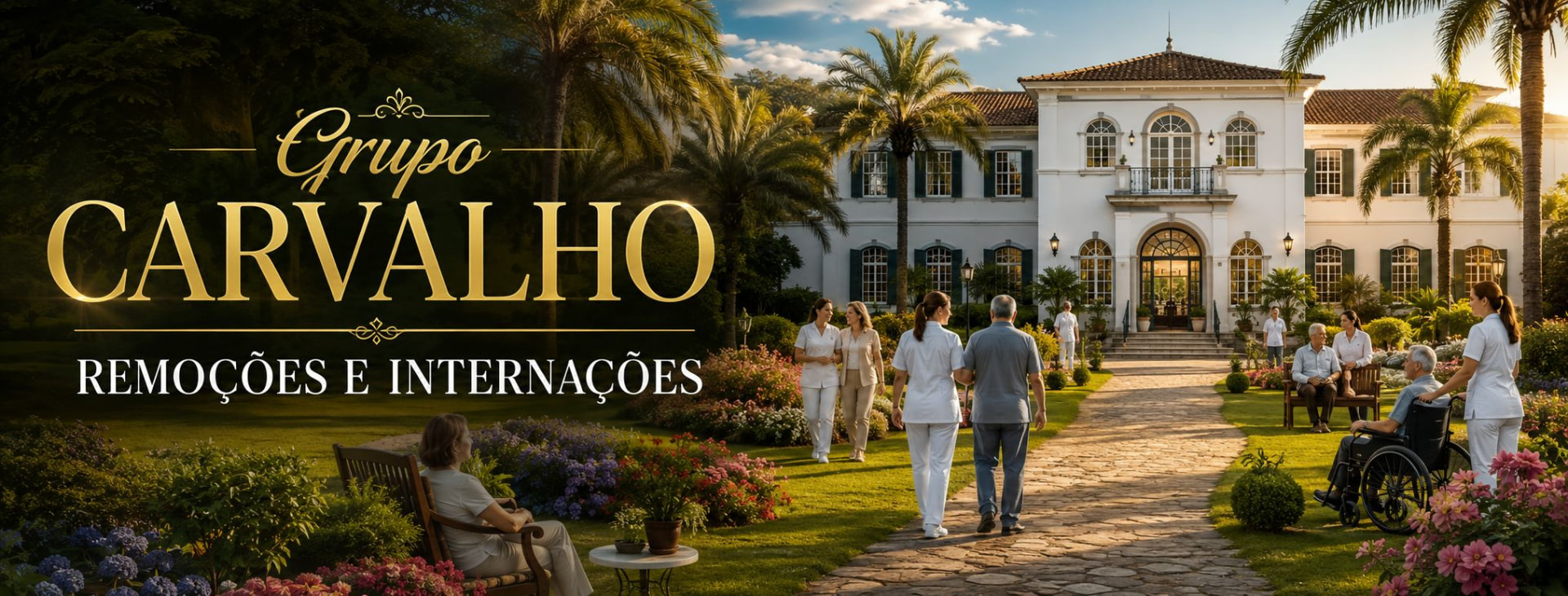 Fachada da clínica com jardim e equipe do Grupo Carvalho